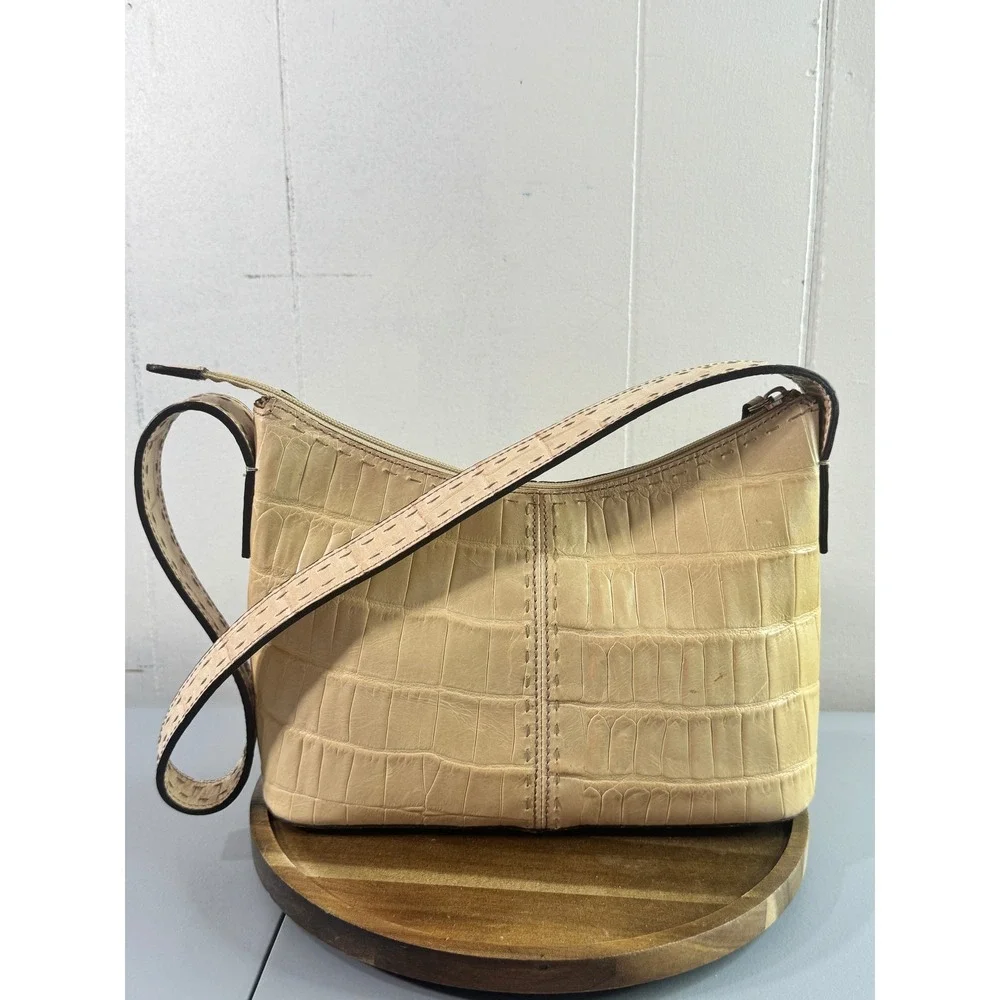Fossil Baguette Bag Women Small Cream Croc Embossed Leather Zip Shoulder Bag